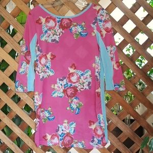 Haute Curry by Noble Faith Three Quarter Sleeve Pink Print Front Tunic Top, Sz 8